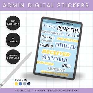 May include: Digital stickers for admin tasks, displayed on a tablet with a stylus. The tablet screen shows words like "Completed," "Initiated," and "Received." Includes 200 stickers, 50 labels, and instant download. Available in 4 colors.