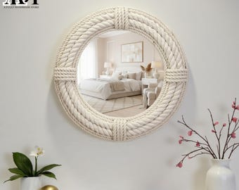 Handmade Nautical White Cotton Rope Wall Mirror | Boho Round, Farmhouse Coastal Wall Decor | Natural Rope Hanging Decorative Mirror, Gift