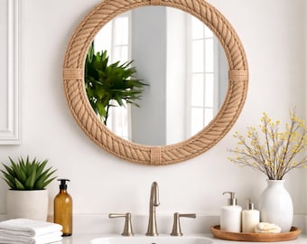 Rustic Wall Rope Mirror | Hanging Rope Round Mirror for Home Decor Rope Mirror | Farmhouse Wall Mirror | Coastal Nautical Bathroom & Bedroom