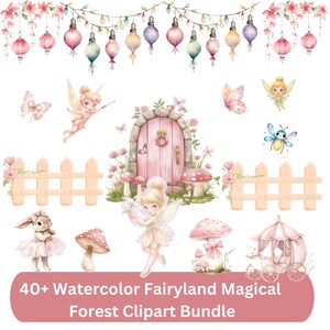 Peut inclure: Ensemble de cliparts aquarelle avec des fées, des champignons, une porte rose et une calèche. L'image comprend le texte "40+ Watercolor Fairyland Magical Forest Clipart Bundle". La palette de couleurs est rose pâle, vert et blanc.