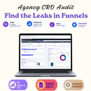 May include: A laptop displaying a conversion leak diagnostic spreadsheet. Above, text reads Agency CRO Audit Find the Leaks in Funnels. Four icons show Audit, Prioritize, Track, and Take Action. Below, three badges indicate 13 Connected Tabs, Google Sheets, and Automated Dashboard.