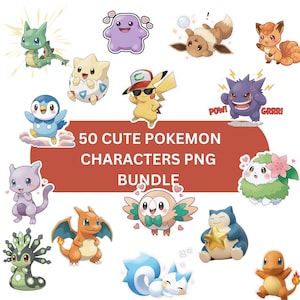 50 söta Pokémon PNG-paket | 300 DPI | För födelsedagar, tröjor och gör-det-själv-merchandise | Pikachu png, Eevee, Charmander pngs | Digital nedladdning