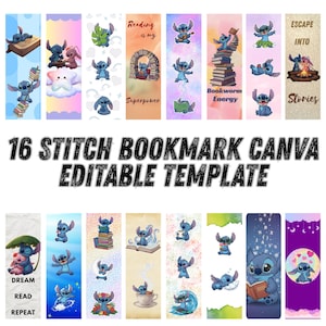 May include: A collection of 16 Stitch-themed bookmark templates. Each bookmark features Stitch in various poses, with backgrounds of different colors and designs. Some bookmarks include text like "Reading is my Superpower" and "Escape into Stories."