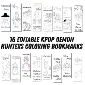Puede incluir: Dieciséis marcadores para colorear de K-Pop Demon Hunters imprimibles. Cada marcador presenta una ilustración única de un personaje con texto como "Whispers Fear", "RUMI" y "My Scars". Los marcadores son en blanco y negro.