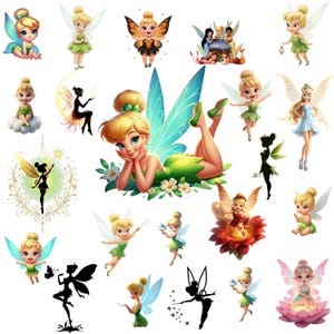 Peut inclure: Plusieurs illustrations de fées colorées. Les fées ont différentes poses et tenues, avec des ailes bleues, vertes, oranges et blanches. Certaines sont des silhouettes noires. Le thème général est la fantaisie et la fantaisie.