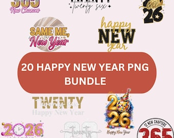 May include: A selection of 20 Happy New Year PNG designs. The graphics feature text such as "Twenty", "2026", and "Happy New Year", alongside decorative elements like confetti and clocks. The colour palette includes gold, black, and pink.