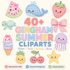 Könnte beinhalten: Eine Sammlung digitaler Illustrationen mit Figuren im Vichy-Karo-Muster, darunter ein Wassermelonenstück, ein Wal, eine Erdbeere, eine Schildkröte, eine Schleife, ein Eis, eine Qualle, eine Ananas, Kirschen und ein Seestern mit dem Text 40+ GINGHAM SUMMER CLIPARTS.