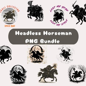 Puede incluir: Una colección de imágenes PNG del Jinete sin Cabeza. Los diseños presentan la icónica figura a caballo, con una cabeza de calabaza o empuñando una espada. Algunos diseños incluyen texto como "Skull Collector" y "Lost My Head, Kept My Style."
