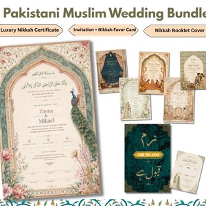 Plantilla de Canva para certificado de Nikkah / Paquete de invitaciones de boda de regalo / Recuerdos de Nikah + Portada del folleto de Nikah / Kit imprimible para boda musulmana
