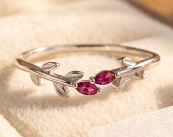 Ruby Vine Ring, Marquise Pink Ruby Leaf Band, Dainty Nature Inspired Ring, Botanical Stacking Band, Promise Ring for Her, July Birthstone