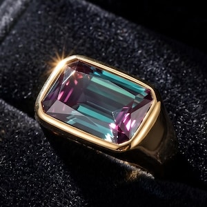 Men's Alexandrite Ring, Fathers Day Gift for Him, Gold Rectangle Signet Ring, June Birthstone Dad Gift, Chunky Men's Pinky Ring, Custom Ring
