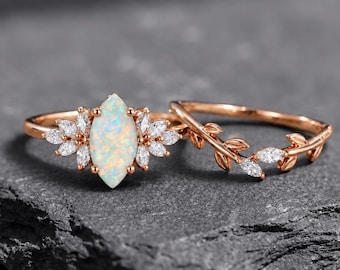 Opal Engagement Ring Set, Marquise Diamond Petal Ring, Nature Inspired Leaf Wedding Band, Unique Alternative Bridal Fairy Core Set