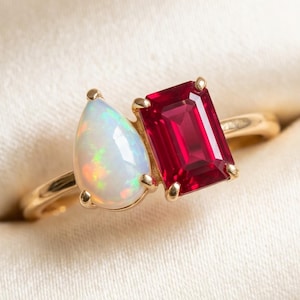 Pink Toi Et Moi Engagement Ring, Pear Cut Opal & Emerald Cut Pink Ruby Anniversary Ring, Two Stone Promise Ring, Custom Birthstone Ring