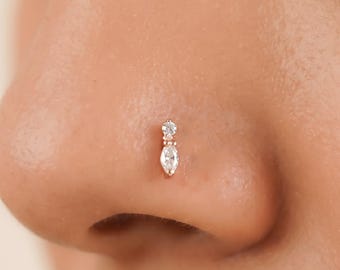 Dainty Marquise Nose Stud, 14K Gold Minimalist Nostril Piercing, L-Shape Corkscrew Tiny Pin