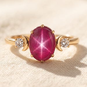 Star Ruby Engagement Ring, Celestial Moon Moissanite Ring, Mystical Gold Statement Ring, Unique Alternative Bridal Jewelry, Gift for Her
