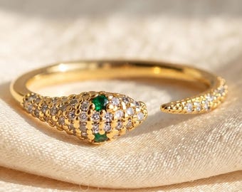 Snake Ring, Gold Serpent Band, Pave Moissanite Snake Jewelry, Snake Open Ring, Emerald Eyes Snake Ring, Statement Animal Ring, Gift For Her