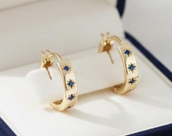 Blue Sapphire Starburst Huggie Hoops, Minimalist Distance Gemstone Star Hoops, Earlobes Hoop Earrings For Her, September Birthstone Hoops
