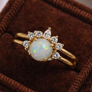 Opal Stacking Ring Set, Dainty Opal Ring, White Opal and Moissanite Ring, Gold Opal Ring, Sterling Silver Opal Ring, Delicate Opal Ring