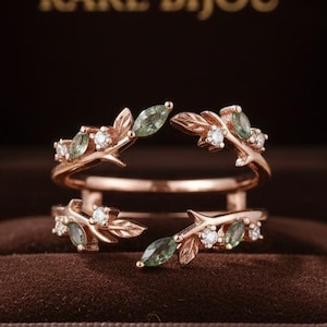 Anello con agata muschiata e moissanite Marquise, anello con doppia fascia a forma di foglia, anello di fidanzamento con due fasce, anello ispirato alla natura