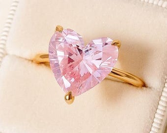 Heart Shape Solitaire Pink Sapphire Engagement Ring, Minimalist Stackable Ring, Love Couple Ring, Anniversary Gift For Wife, Promise Ring