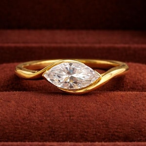 Marquise Bypass Band Ring, East West Set Marquise Engagement Ring, Solitaire Moissanite Ring, Wedding Ring, Stackable Promise Ring For Her