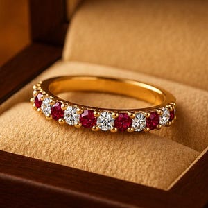 May include: A gold eternity band featuring an alternating pattern of round-cut red rubies and clear white diamonds. The ring is displayed inside a dark brown wooden box with a tan interior lining, showcasing the circular metal band design.