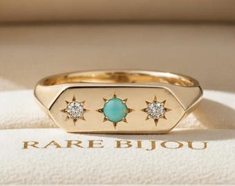 Turquoise Starburst Signet Ring, Sterling Silver Moissanite Band, Boho Promise Ring