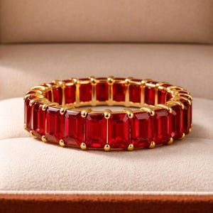 Ruby Gold Eternity Ring • Red Ruby Emerald Cut Band • Handmade Statement Ring • July Birthstone Jewelry Gift For Women Stackable Dainty ring