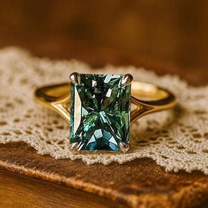 Puede incluir: Un anillo de oro con una gran gema rectangular de color verde azulado. La banda del anillo es de oro pulido, y la gema está engastada con cuatro garras. El anillo se exhibe sobre un mantelito de encaje vintage.