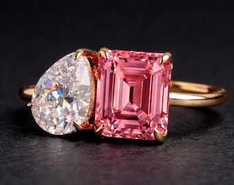 Toi Et Moi Engagement Ring, Emerald Cut Pink Sapphire & Pear Cut Moissanite Two Stone Ring, Stackable Anniversary Ring, Pink Gemstone Ring