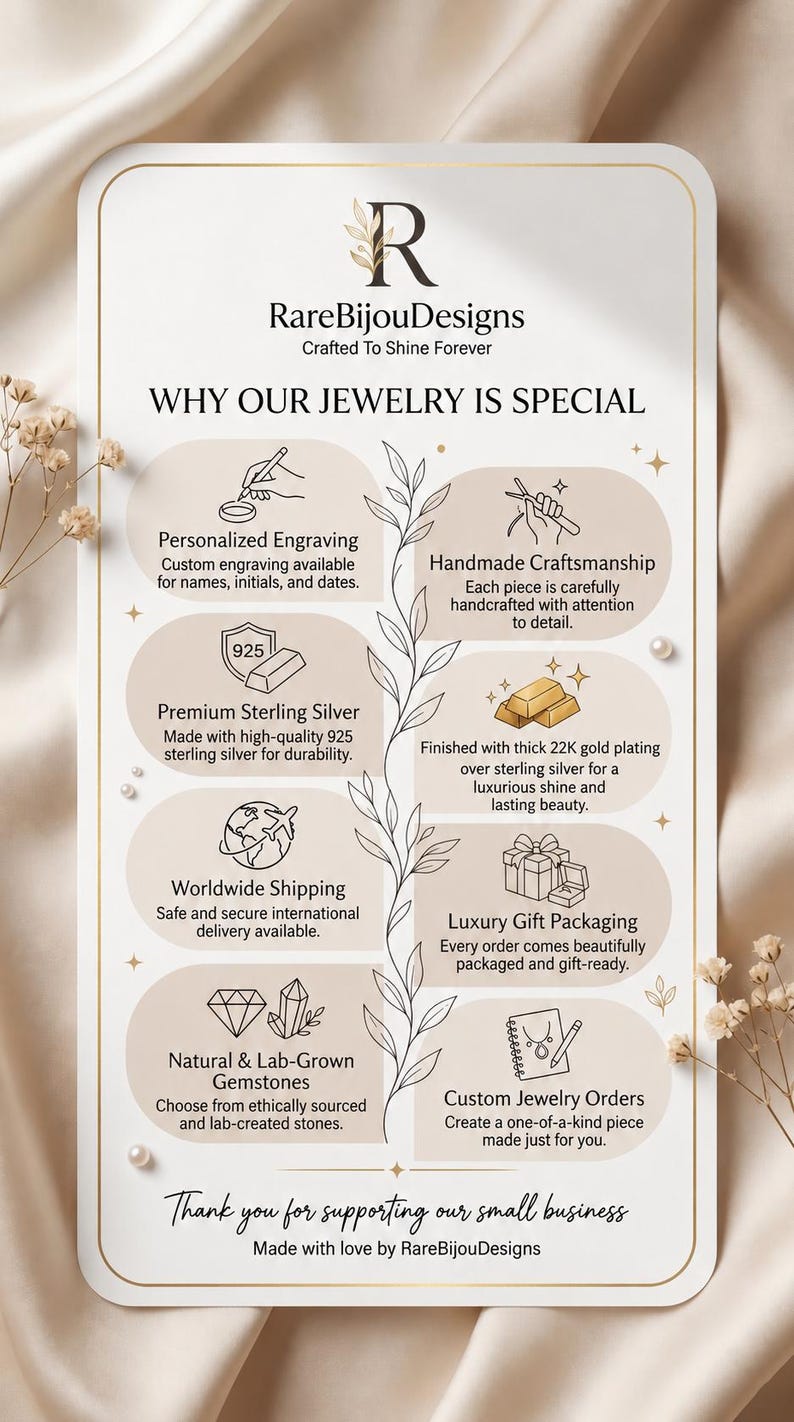 May include: A cream-colored graphic with text promoting jewelry features. It highlights personalized engraving, handmade craftsmanship, premium sterling silver, worldwide shipping, natural gemstones, and custom orders. The brand name is RareBijouDesigns.
