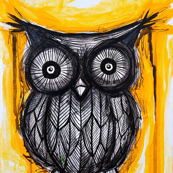 Owl Art Black and Yellow Print - 8x10 - acrylic sketch black and yellow ink owl painting art print