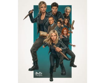 Vampire Slayer Tribute Poster: 90s Supernatural TV Inspired Art Print | Cult Classic Ensemble Wall Decor | Strong Female Hero Artwork