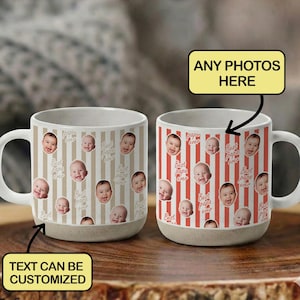 Peut inclure: Deux mugs en céramique avec des photos de bébé personnalisées et du texte. Un mug a des rayures beiges, l'autre des rayures rouges. Les deux mugs ont le texte "Best Papa Ever" et "Text Can Be Customized".