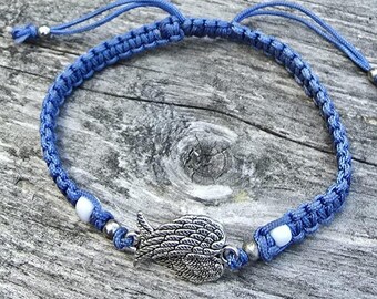 Angel Wing Bracelet | Blue Macrame Cord | Adjustable Charm Bracelet | Handmade Spiritual Jewelry Gift