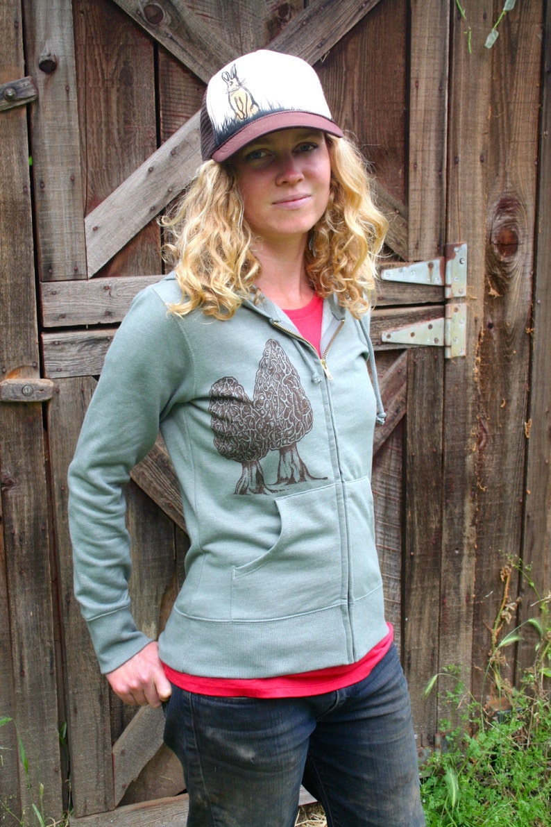 Zip Hoodie Sweatshirt Morel Mushroom Women/'s Green Screen Printed Organic Cotton Recycled