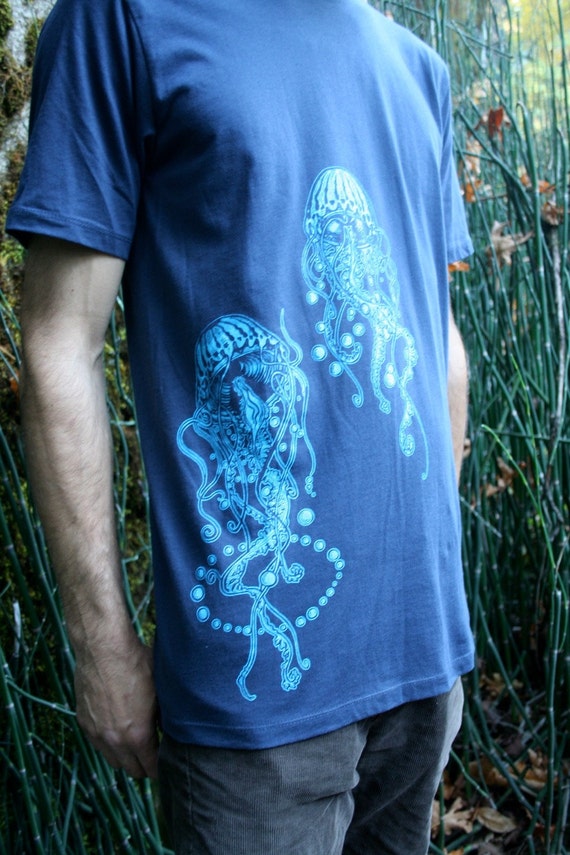 Tee Shirt Men's Jellyfish Nature Screen Print Navy Blue Etsy