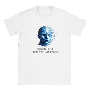 Pixel Art Tee - Glitchy Blue Head, ERROR 404 Message, Cyberpunk Grafik-Shirt