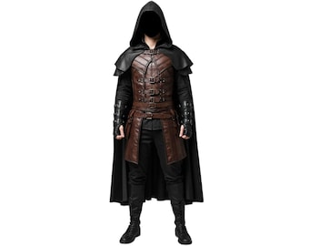 Leren Assassin-pantserkostuum heren | Middeleeuwse gotische krijgersoutfit met mantel met capuchon | Handgemaakt LARP steampunk-cosplaykostuum