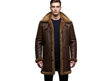 Men’s Shearling Leather Coat  Winter Brown Sheepskin Jacket | Warm Fur Lined Long Overcoat | Handmade Gift for Him