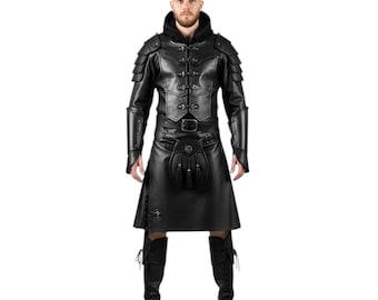Black Leather Warrior Armor Kilt Outfit | Gothic Medieval Cosplay Costume for Men | Handmade Dark Fantasy Renaissance Festival Wear