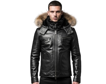 May include: Black leather jacket with a fur-trimmed hood. The jacket has a zip-up front, multiple pockets, and a quilted design on the shoulders and sleeves. The fur trim is light brown.