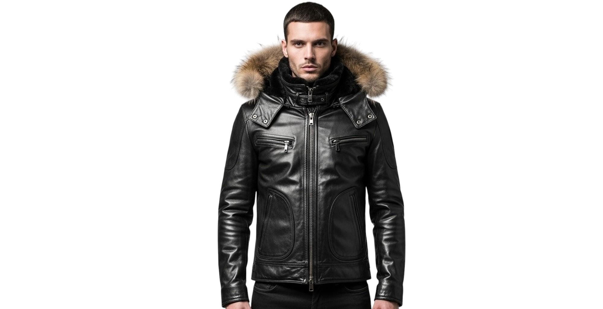 メンズ ブラックレザージャケット - ファーフード付き冬用バイカー