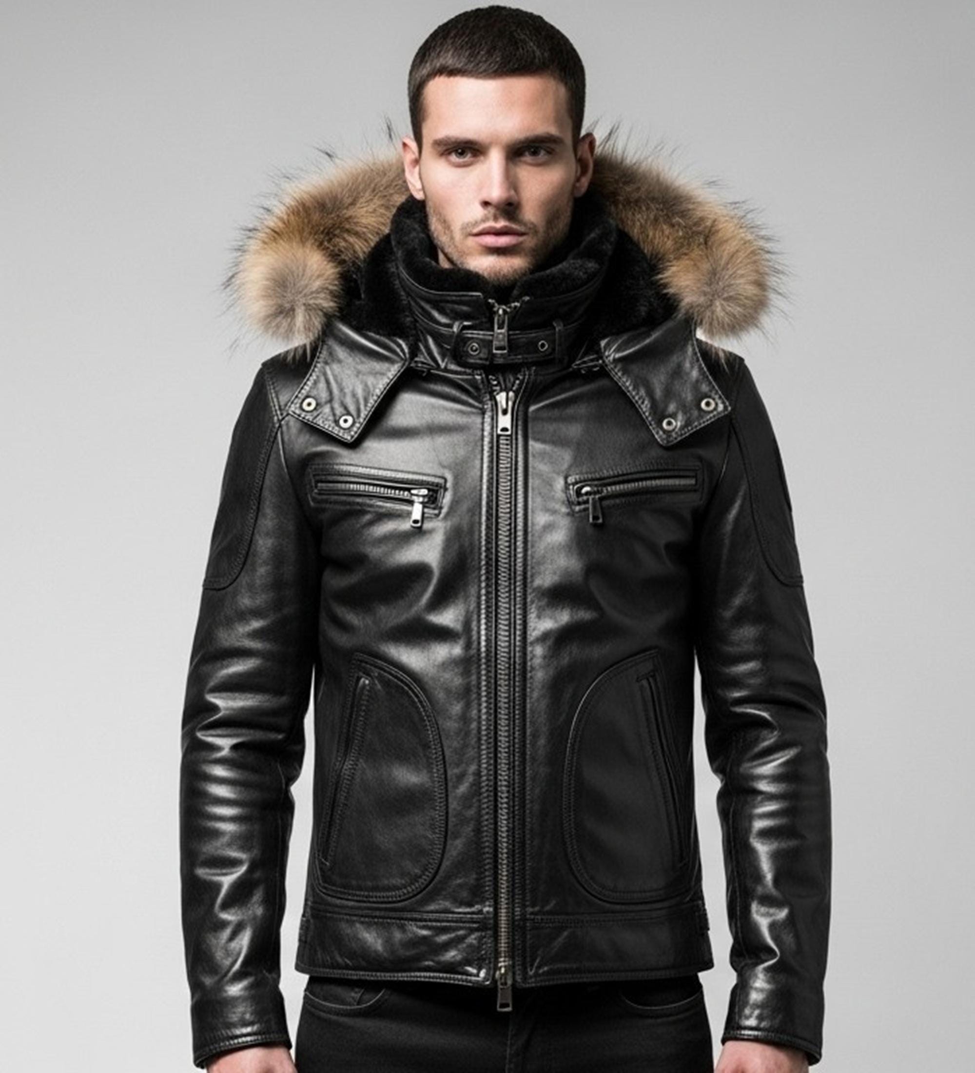 メンズ ブラックレザージャケット - ファーフード付き冬用バイカー