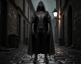 Halloween Warrior Cape | LARP Gothic Cosplay Outfit Black Leather Assassin Cloak & Armor Set | Hooded Stealth Costume for Men