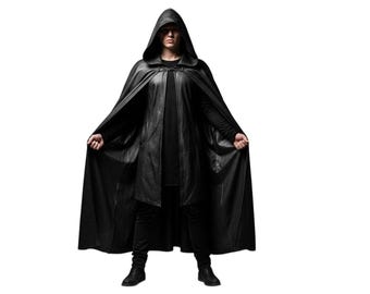 Black Leather Hooded Cloak | Medieval Fantasy Cape for Men | Gothic LARP Cosplay Robe Renaissance Assassin Outfit Handmade Long Leather Cape