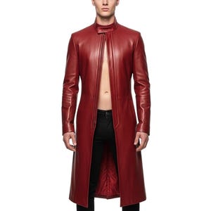 Abrigo largo de cuero rojo para hombre, gabardina futurista, atuendo cyberpunk, estilo gótico, prenda de abrigo llamativa, moda cosplay.