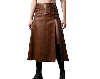 Brown Leather Buckle Skirt | Gothic Steampunk Cosplay Clothing, Medieval Renaissance Outfit, Dark Fantasy Festival Wear, LARP Costume