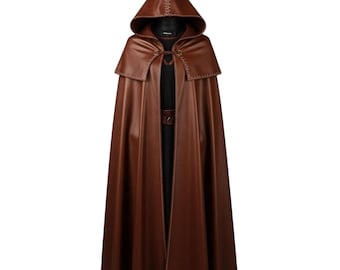 Handmade Brown Leather Hooded Cloak Medieval Fantasy Cape Cosplay Viking Renaissance Long Coat