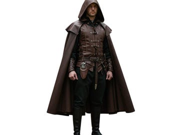 Medieval Armor Real Leather  Cloak | Brown Hooded Warrior Outfit | Renaissance Faire Costume | Fantasy LARP Cosplay Knight Cape